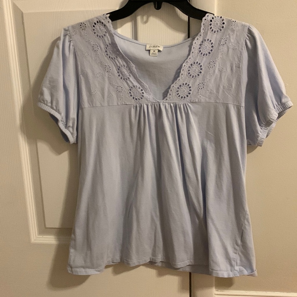 I. Crew light blue short-sleeve top with lace detail.
